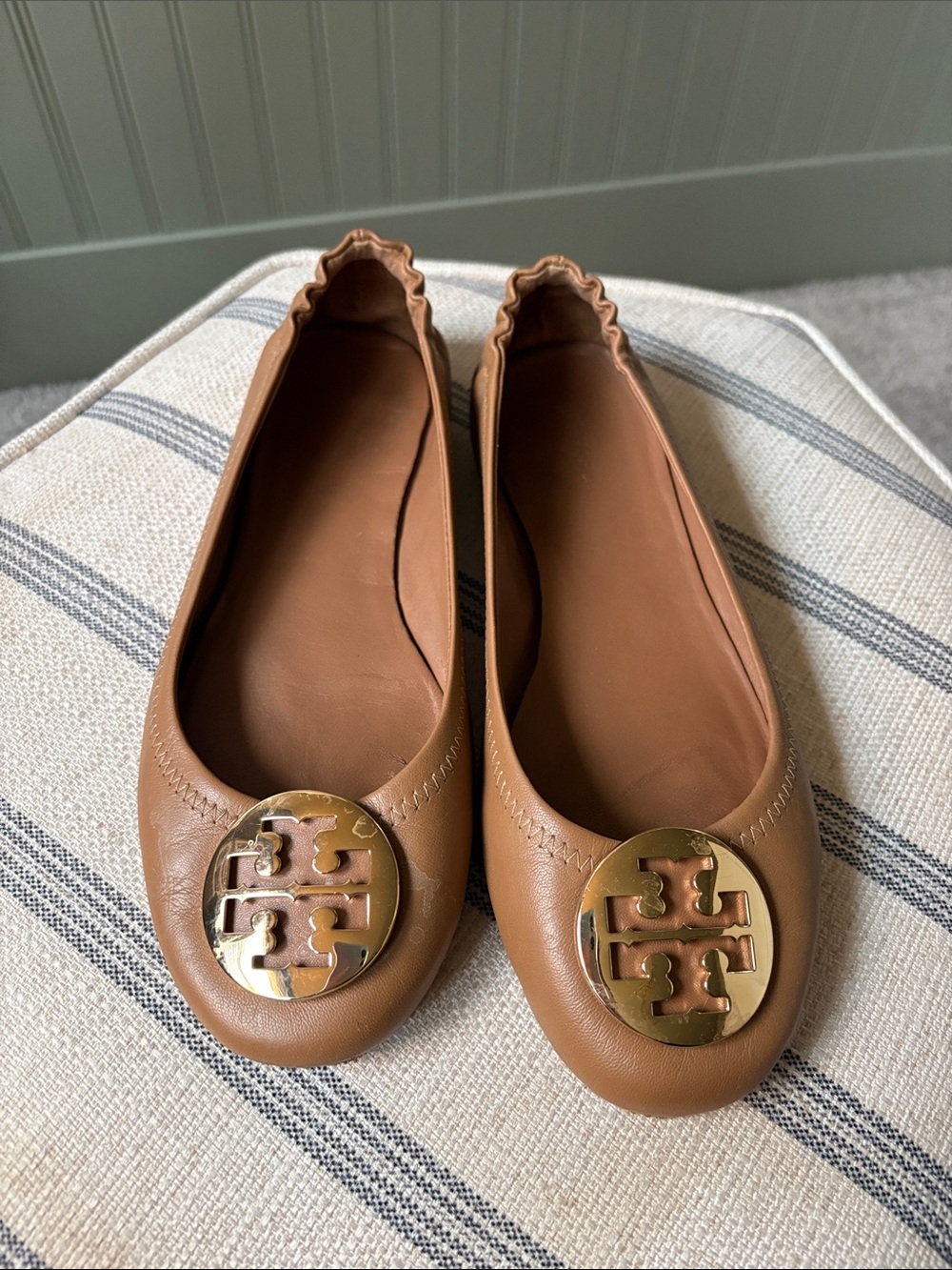 Tory Burch Cognac Leather Logo Ballet Flats